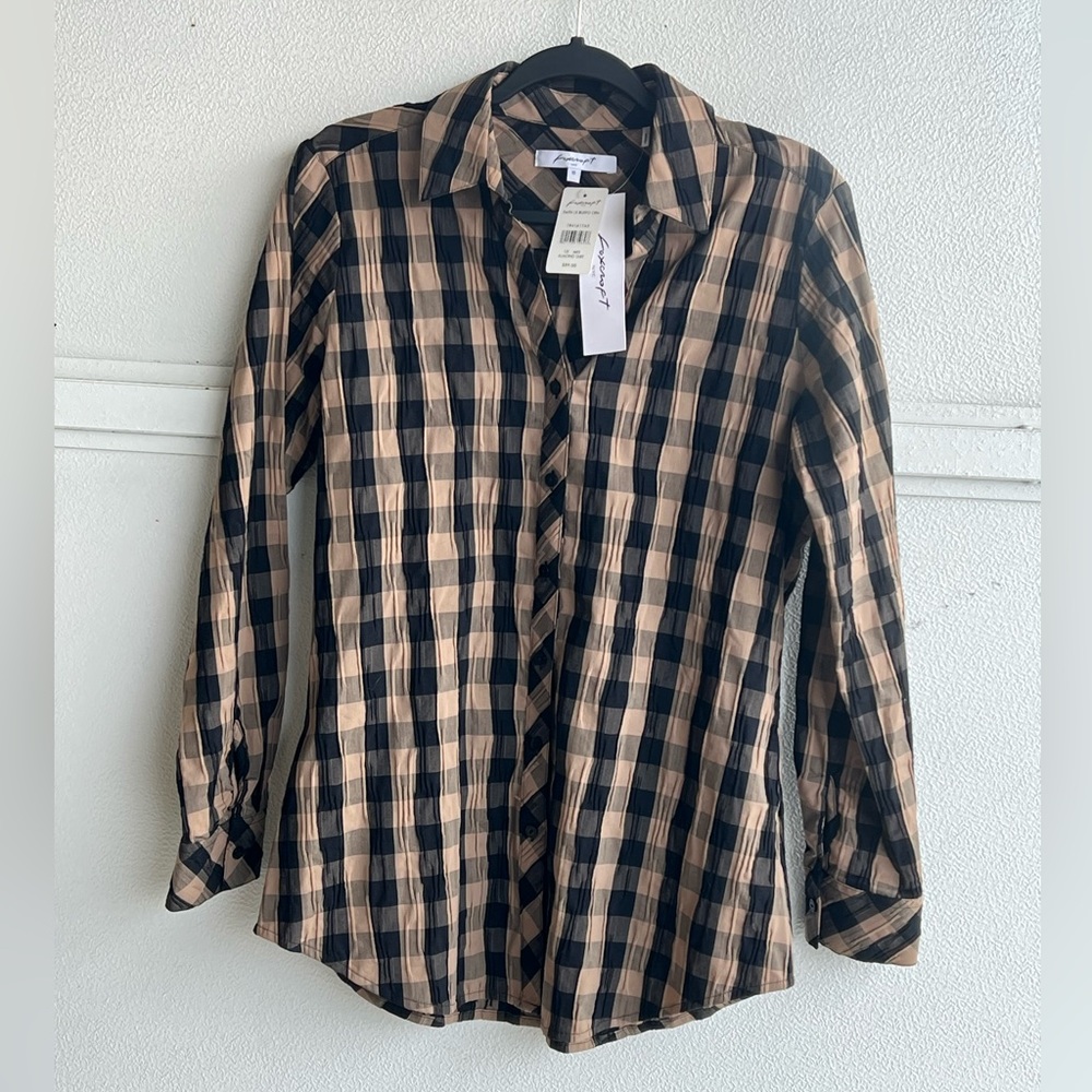 FOXCROFT Mary Crinkle Brown Gingham Cotton Blend Button Front Long Sleeve Top 10
